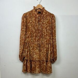 House of Harlow 1960 Paisley Orange/Tan Drawstring Waist Dress Sz 8